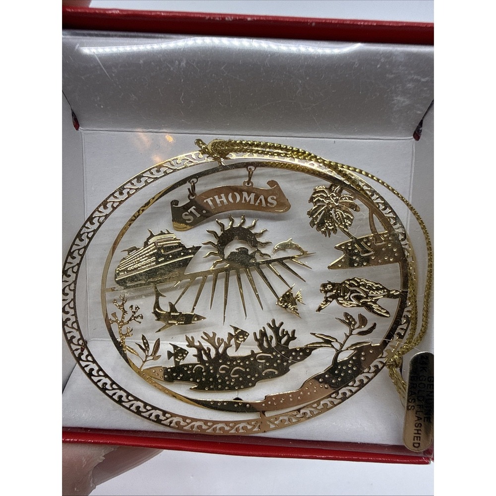St. Thomas Christmas Ornament Cruise Sea Life 24K Gold Finish Brass In Box